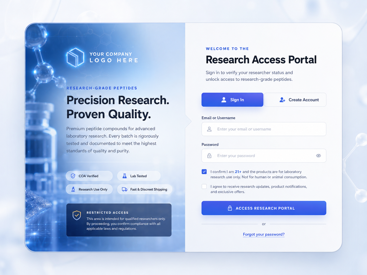 Example peptide research access gate with branded login, research-use-only acknowledgement, and account access flow