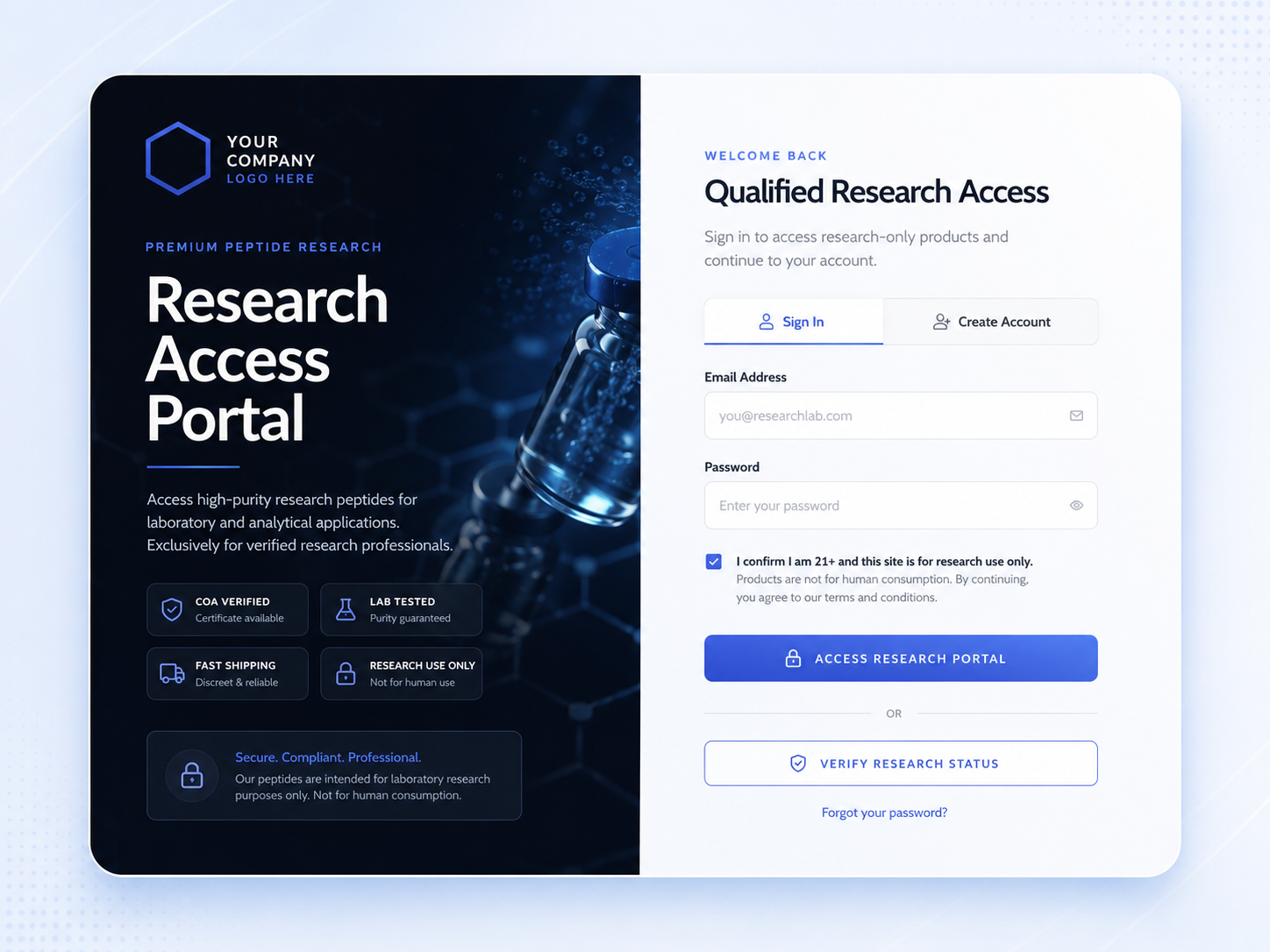 Balanced split-panel peptide research gate example with customer portal and access form