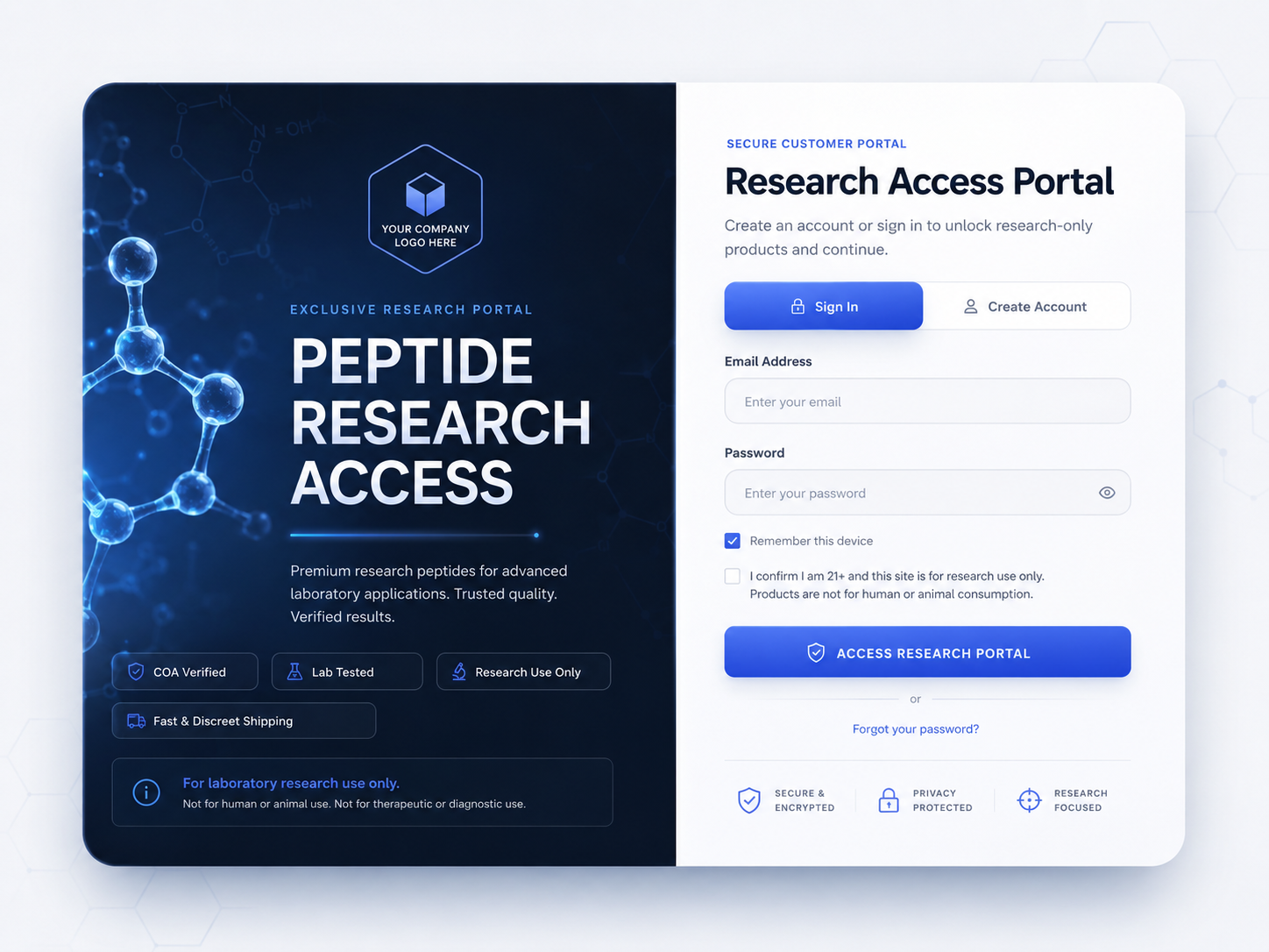 Premium dark peptide research access gate example with branded login and research-use-only portal