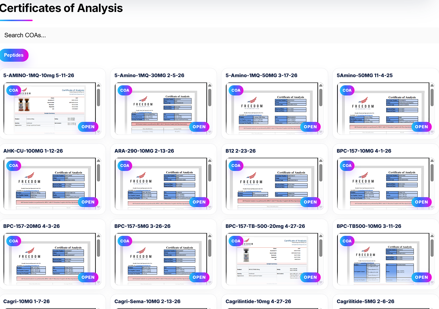 Example searchable peptide COA library with certificate cards, product names, category filter, document thumbnails, and open buttons