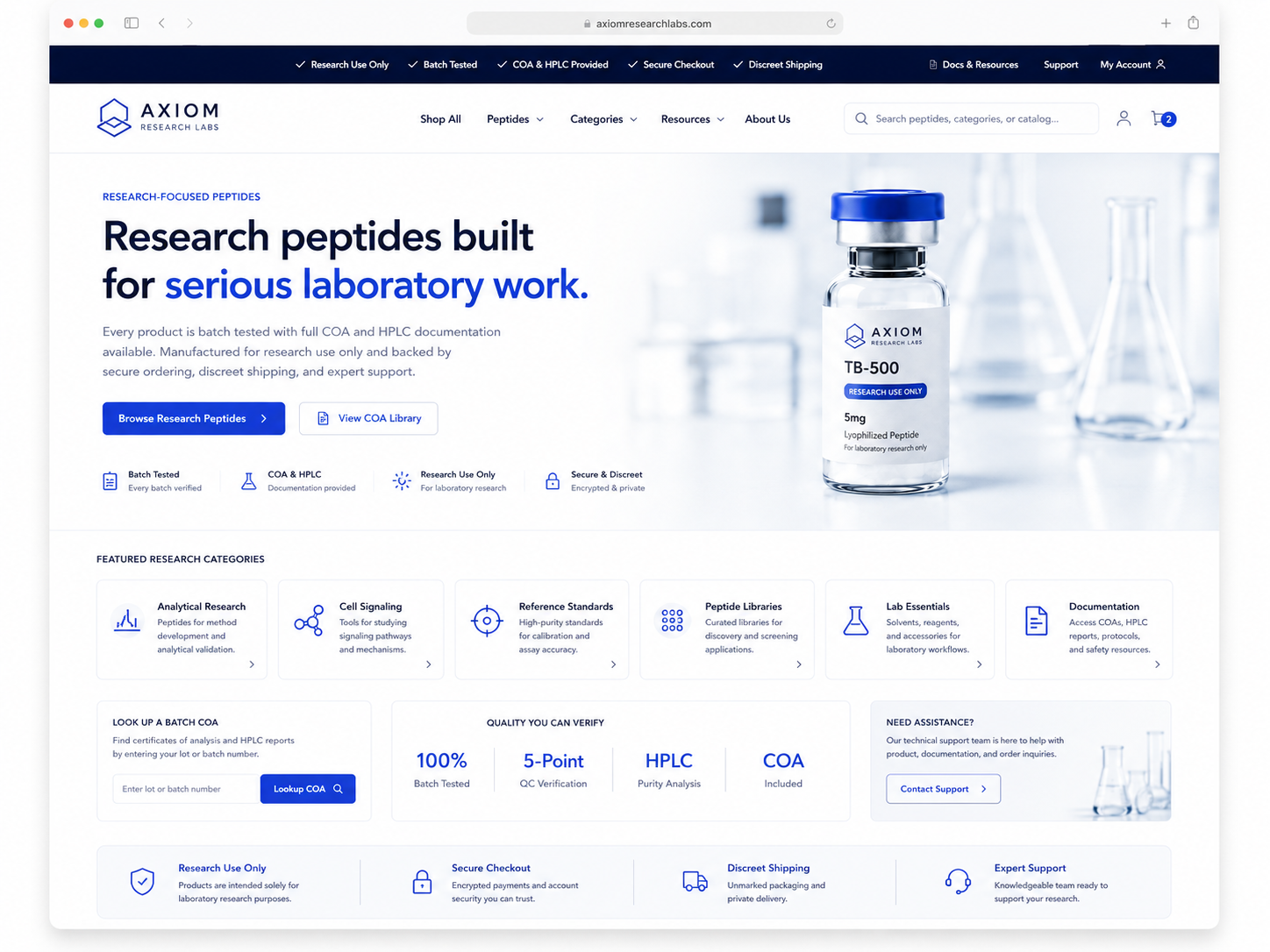 Peptide homepage redesign example with research-focused branding, trust sections, and shop navigation