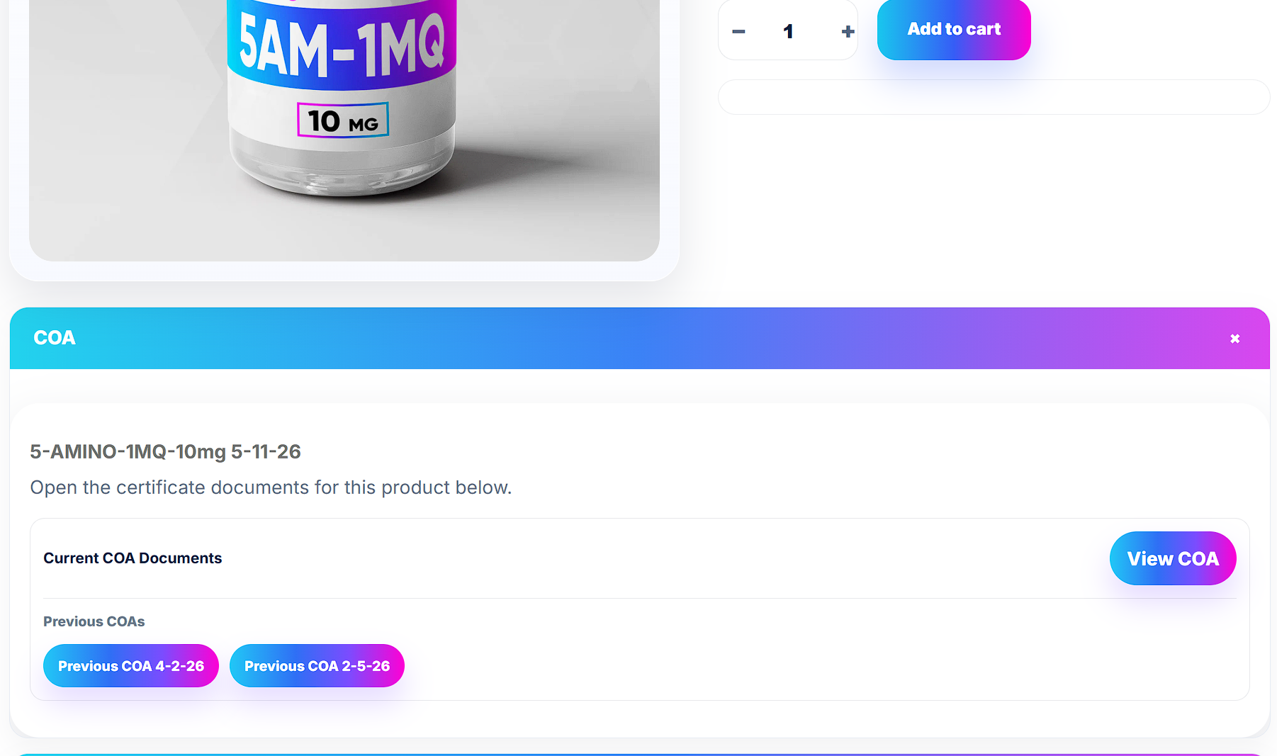 Example WooCommerce product page COA section with current COA document button and previous COA archive buttons