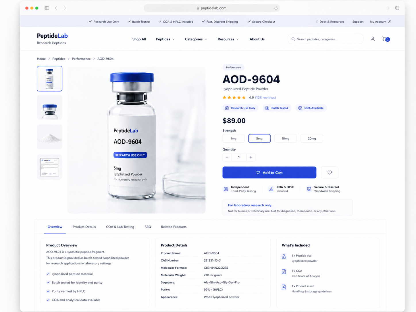 Peptide product page redesign example with COA placement, product details, research-use-only language, and purchase flow