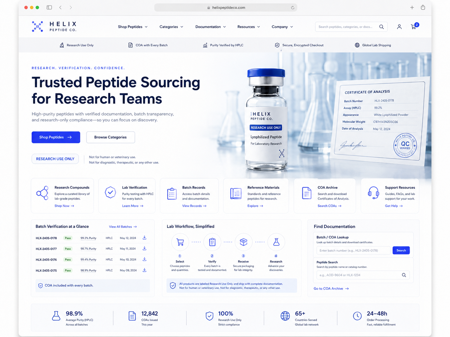 Peptide website redesign example showing a research-focused WordPress homepage layout